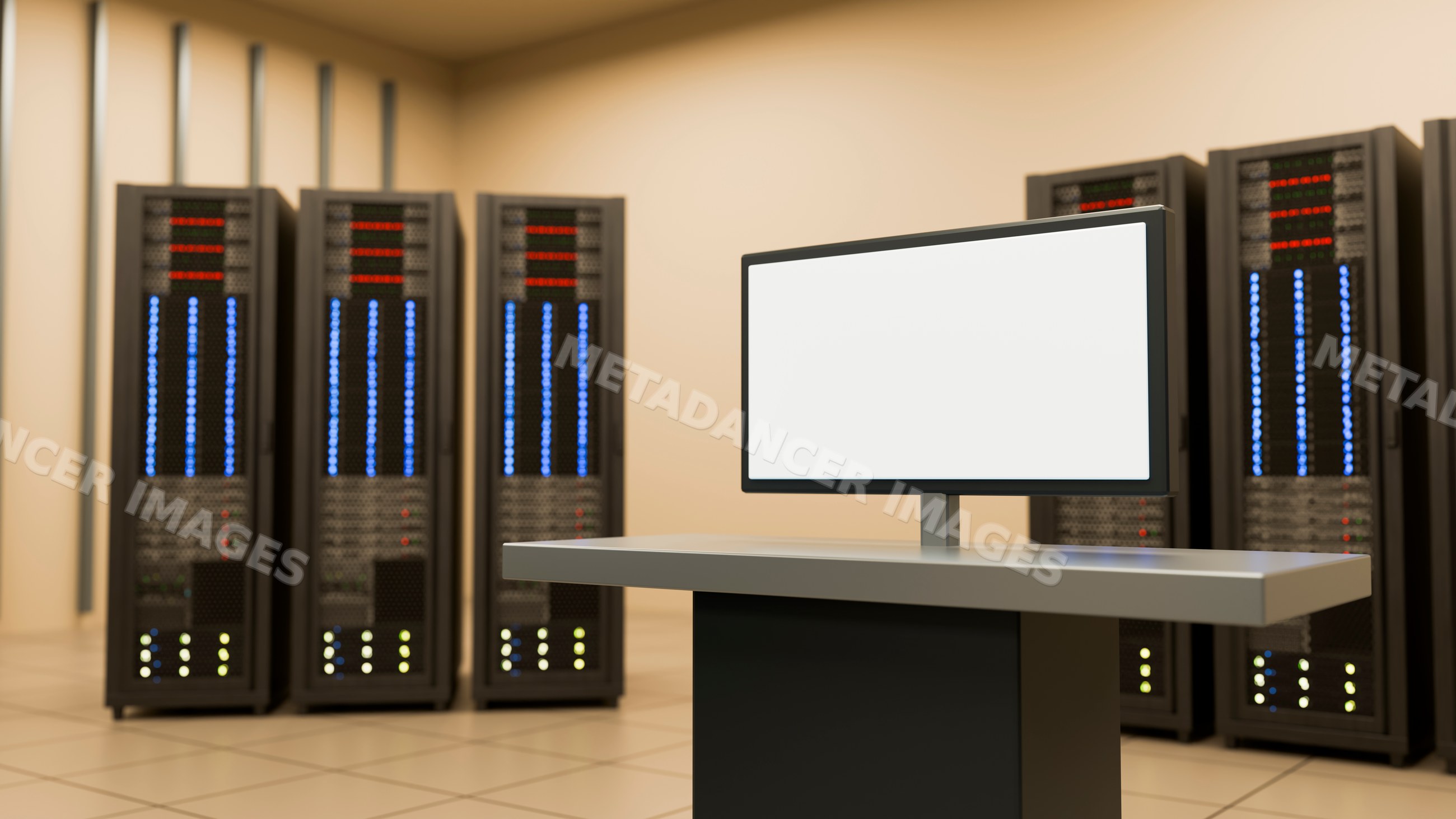 Data center room with server racks and blank monitor on console table