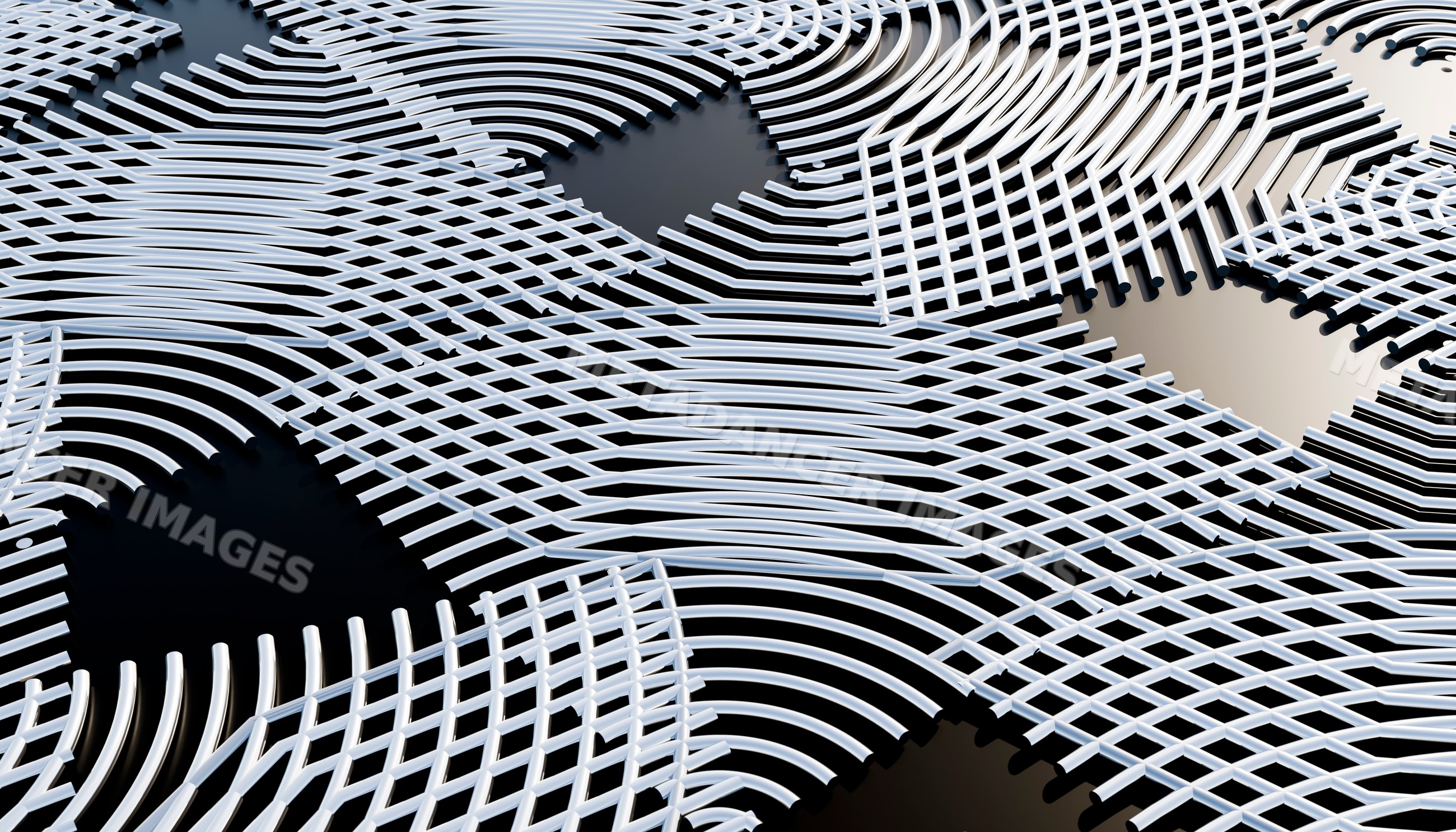 Abstract curved white grid pattern on Black background with wave