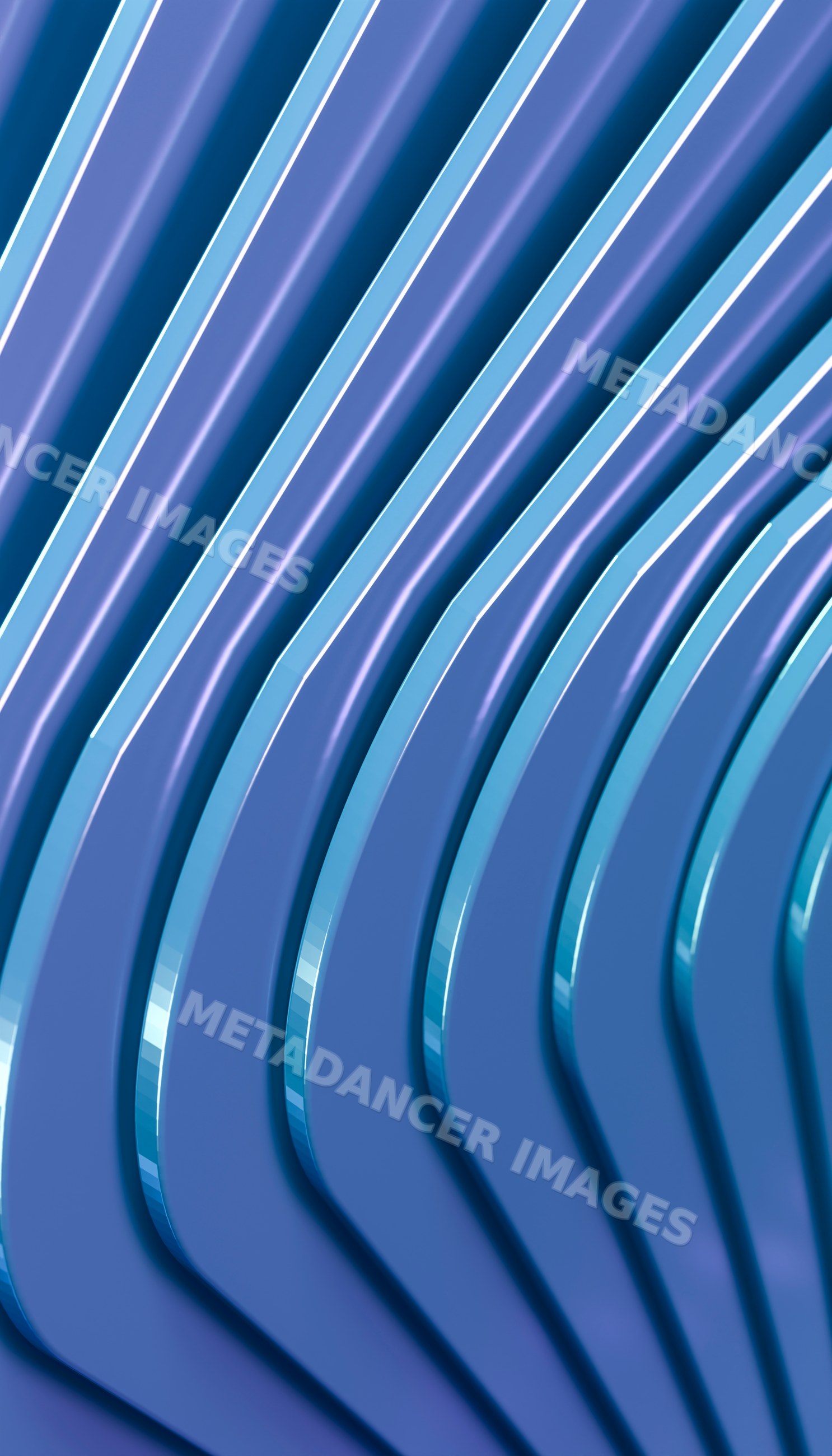 Curved glossy blue abstract shapes with symmetrical pattern