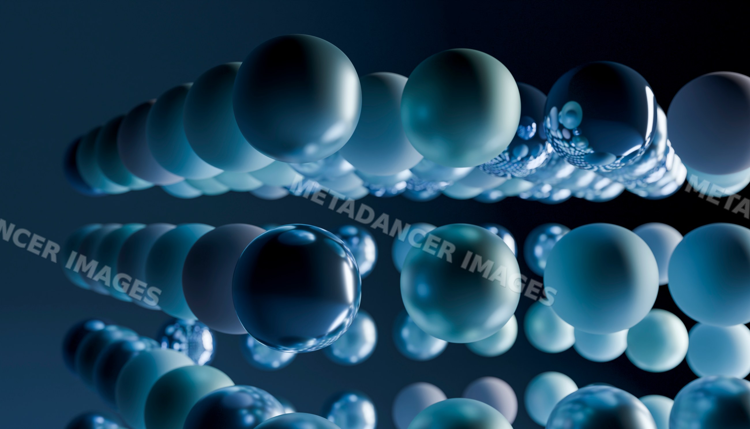 Floating blue spheres form an abstract geometric pattern on dark