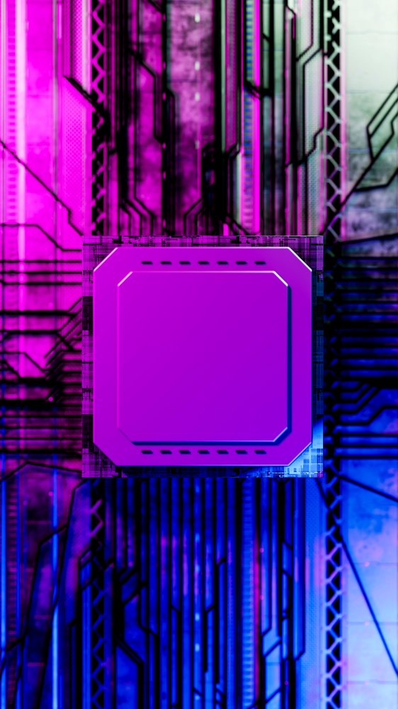 Microchip on circuit board with purple and blue digital background