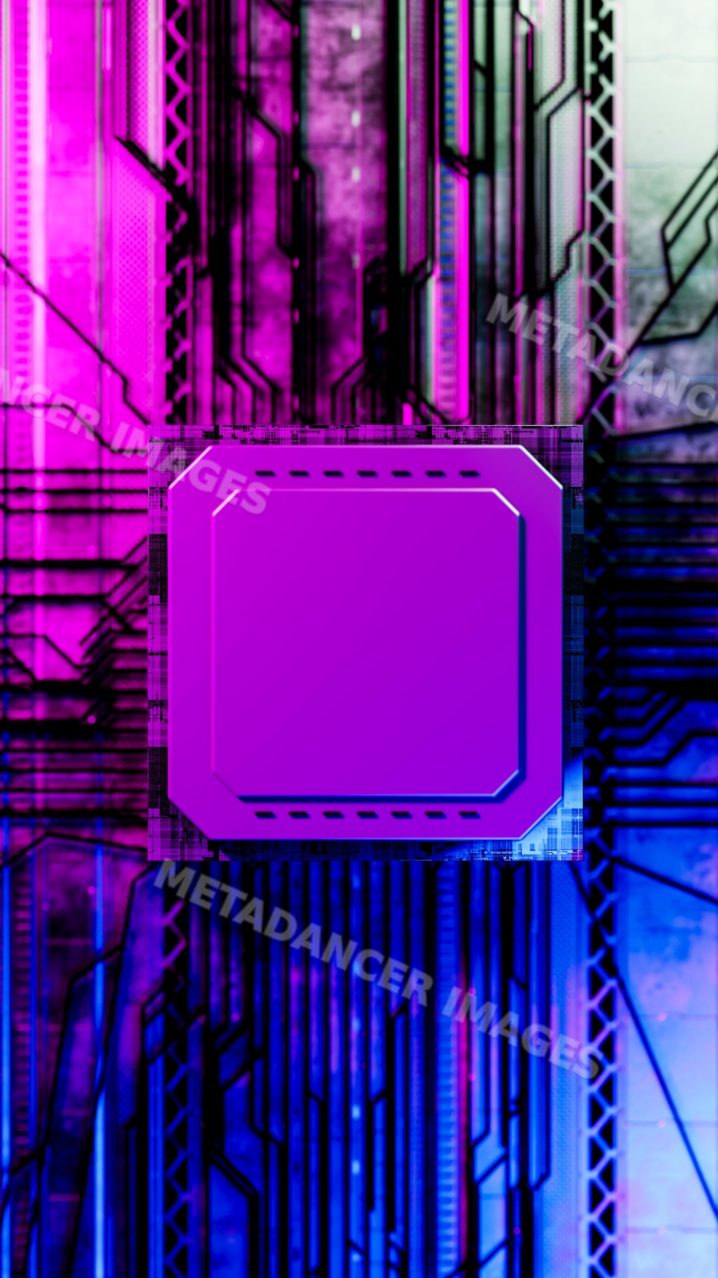 Microchip on circuit board with purple and blue digital background