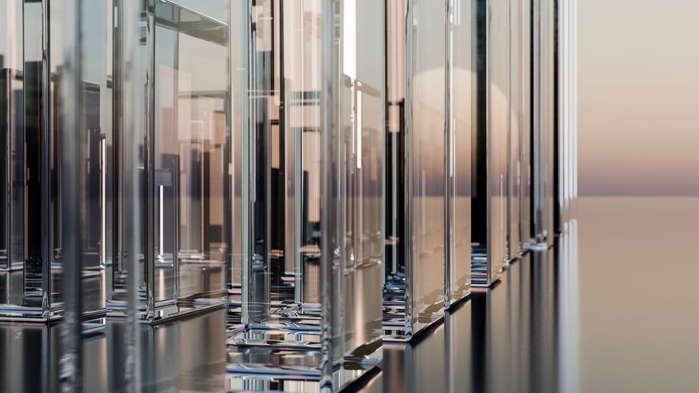 Abstract glass columns with reflections and symmetrical pattern
