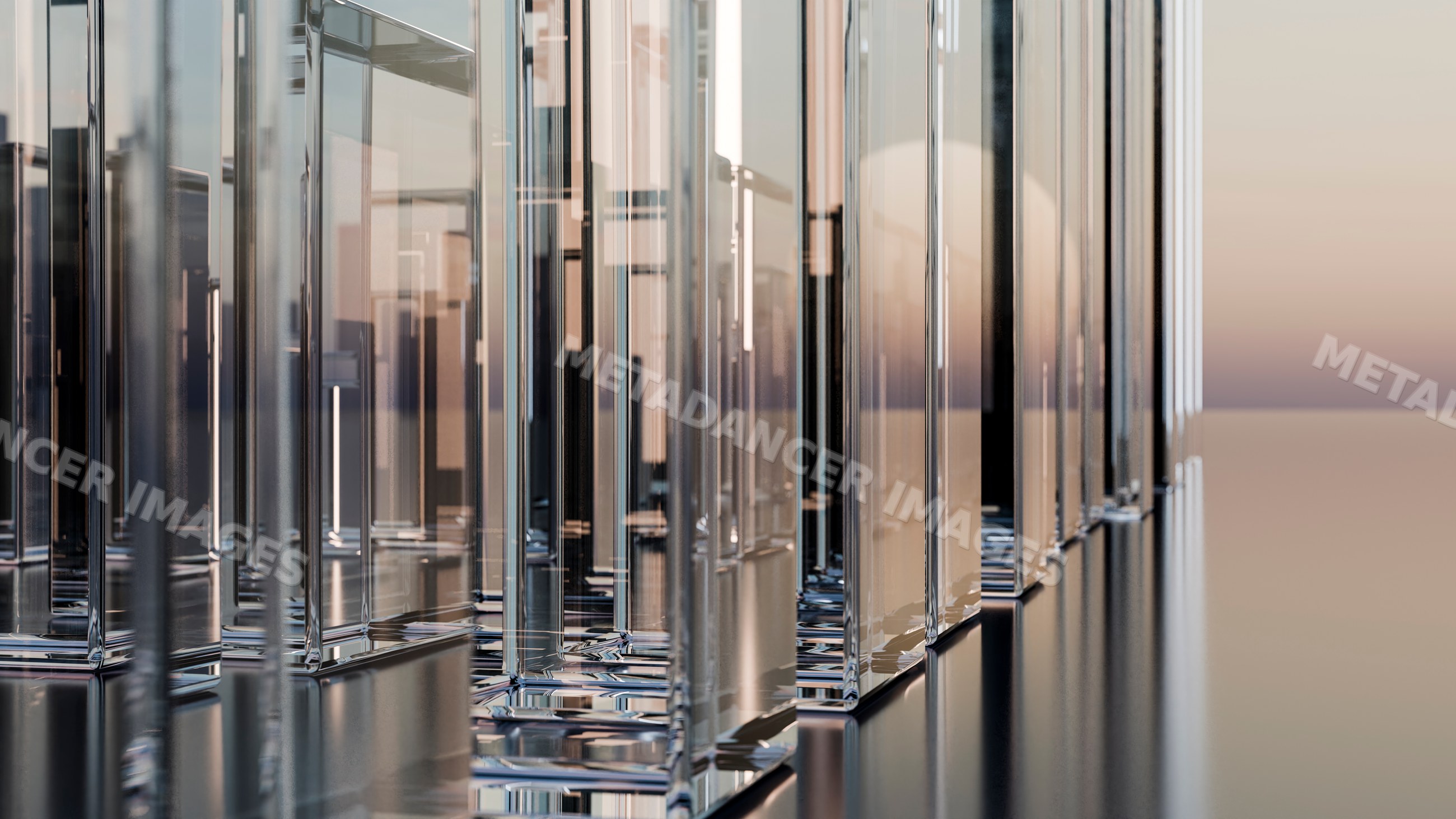 Abstract glass columns with reflections and symmetrical pattern