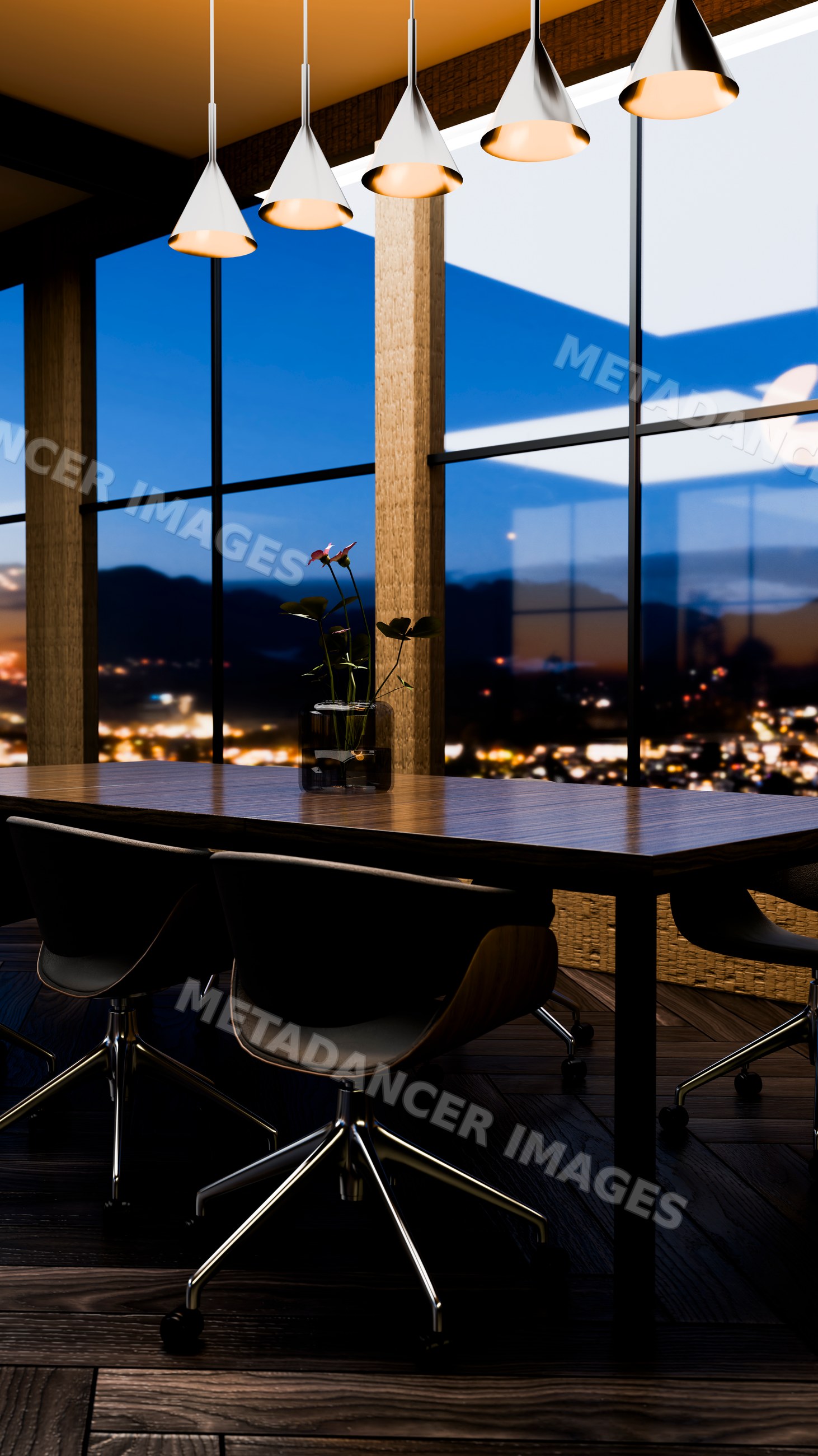 Modern dining table with office chairs and city view at night