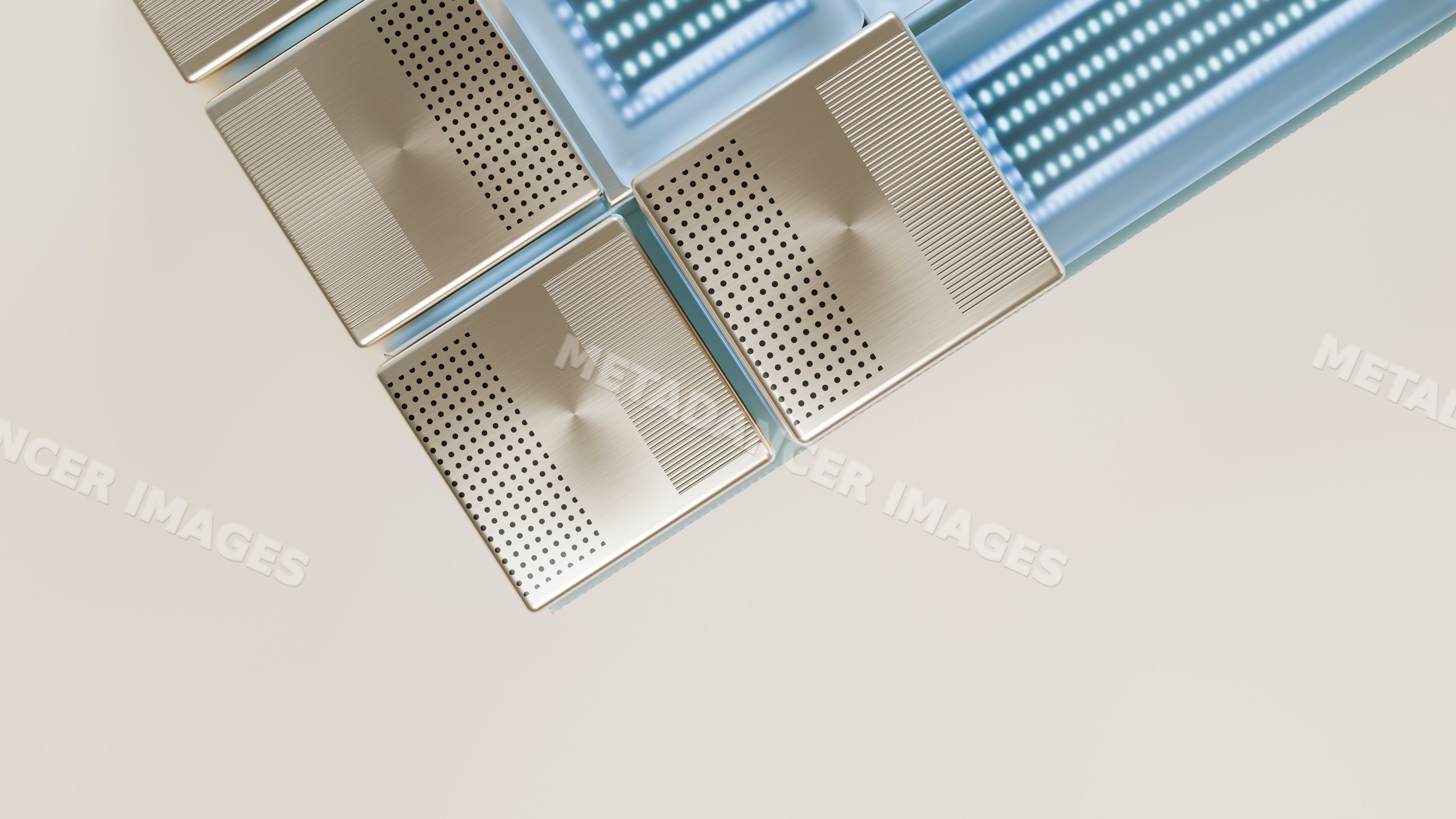 Square perforated metal tiles beside blue glass tiles
