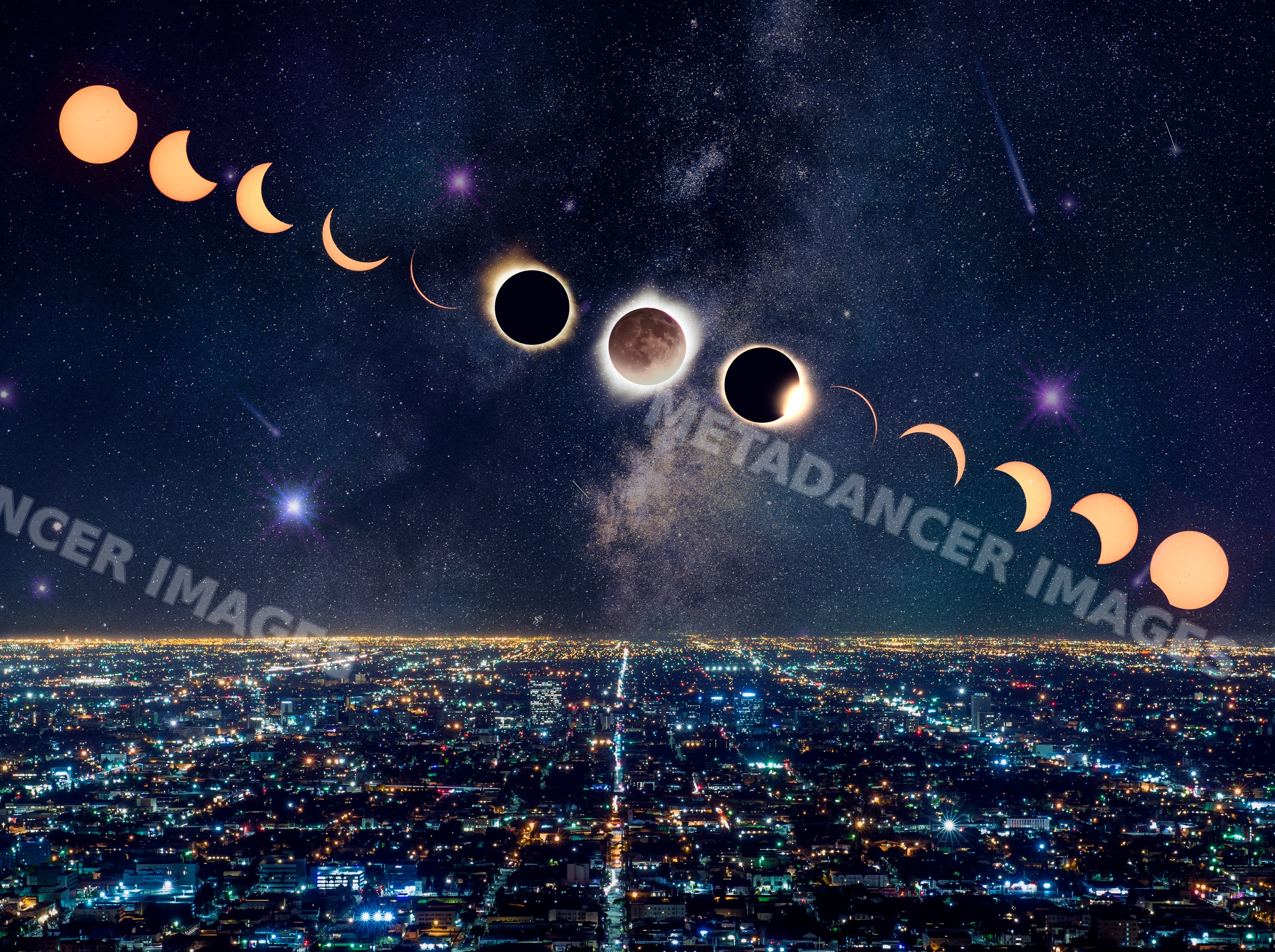 Progression of solar eclipse phases over Los Angeles at night