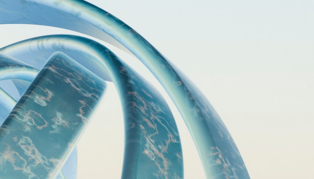 3d rendering of blue abstract curved shapes with marble-like texture