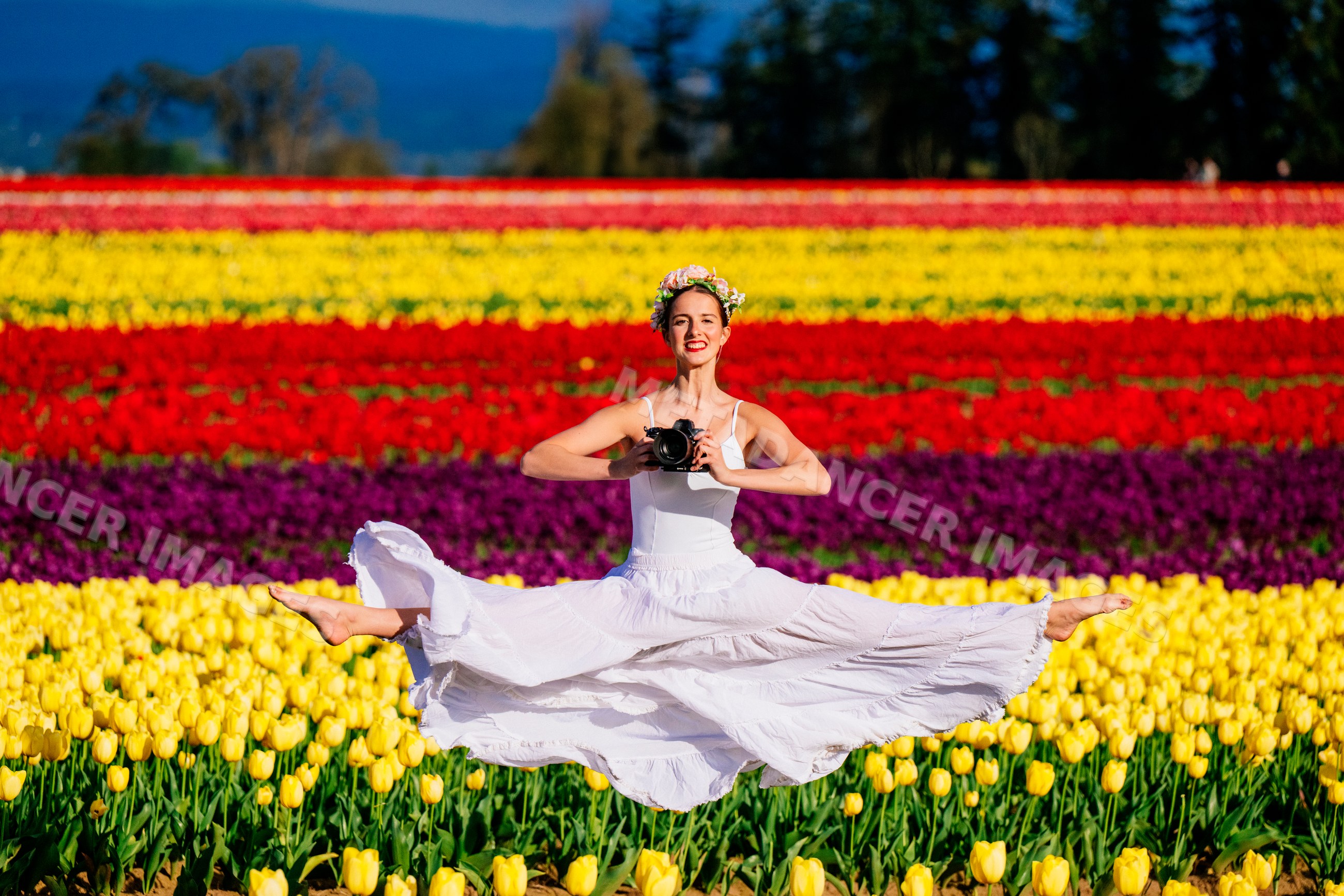Ballet white dancer leaping with camera in colorful flower field