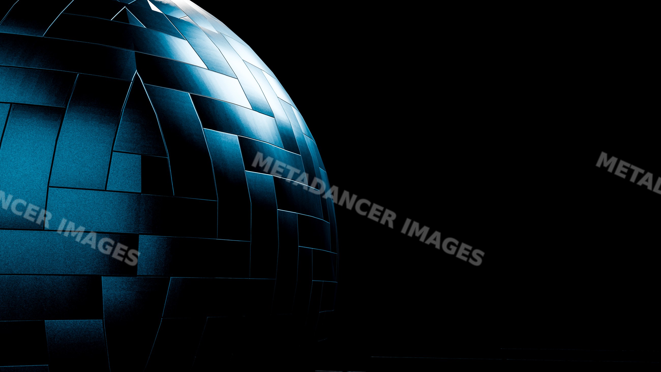 Metal sphere with geometric panels lit by blue light against dark