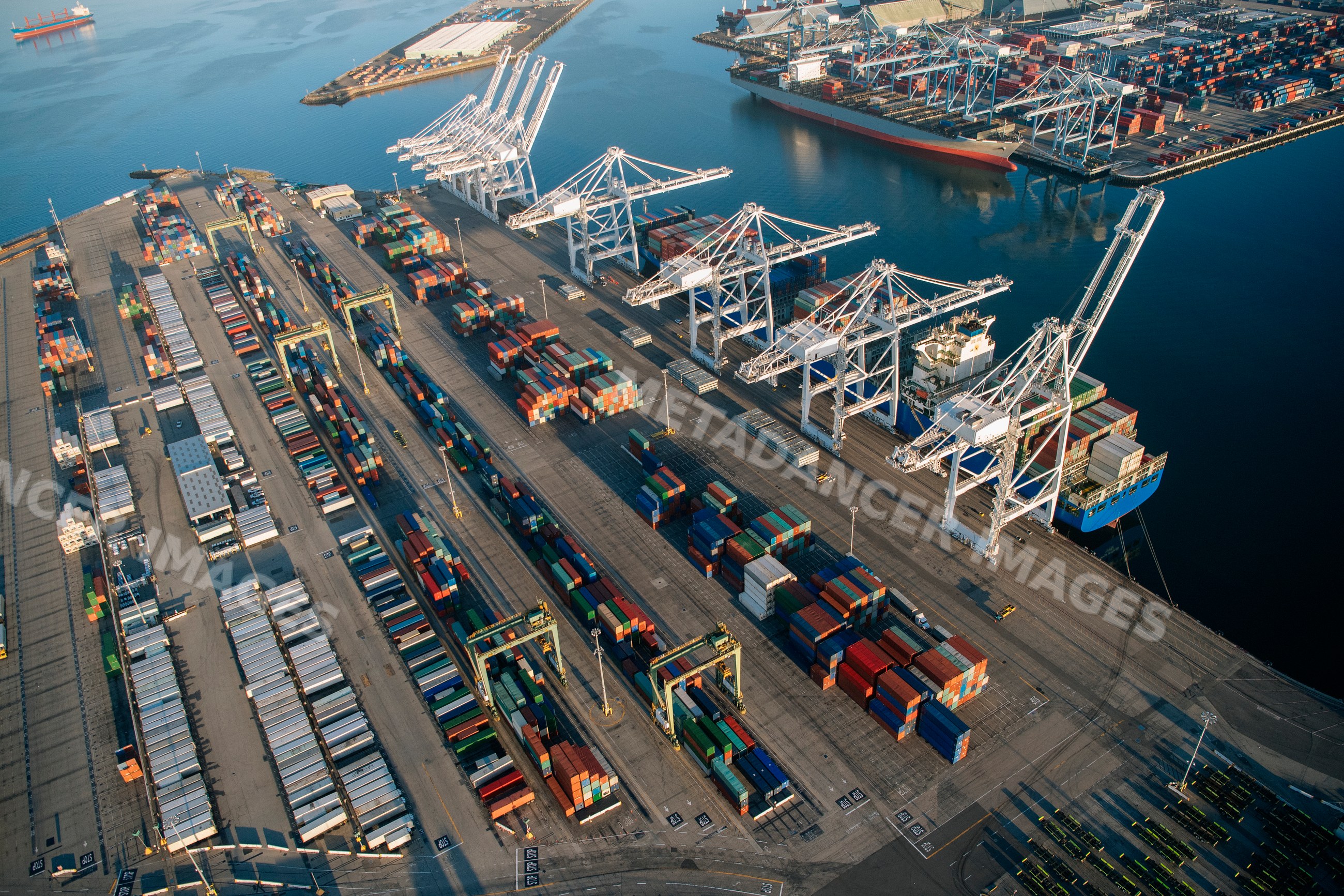 Shipping containers and cranes at a long beach cargo terminal