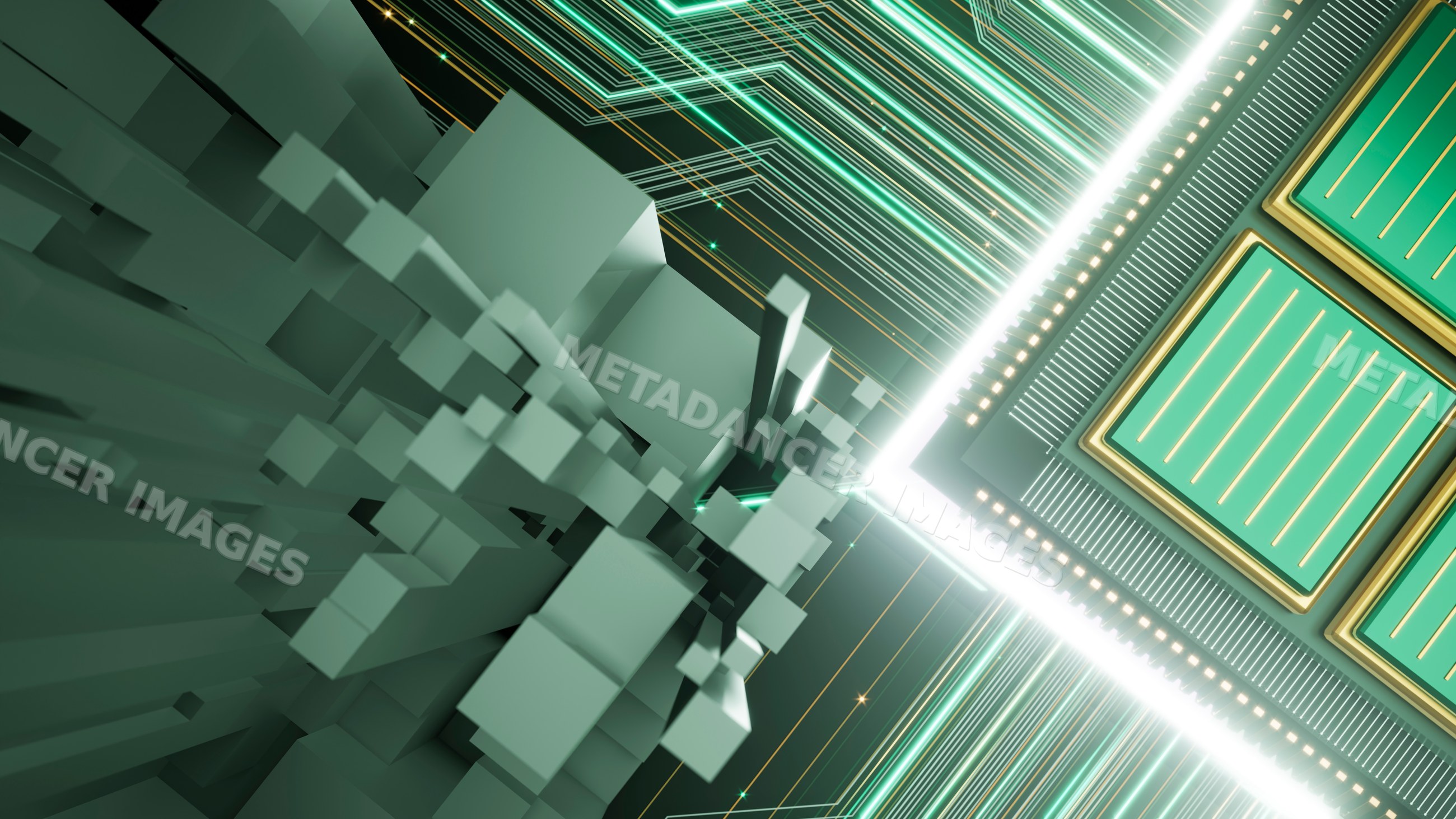 3d abstract digital cubes with glowing green technology patterns