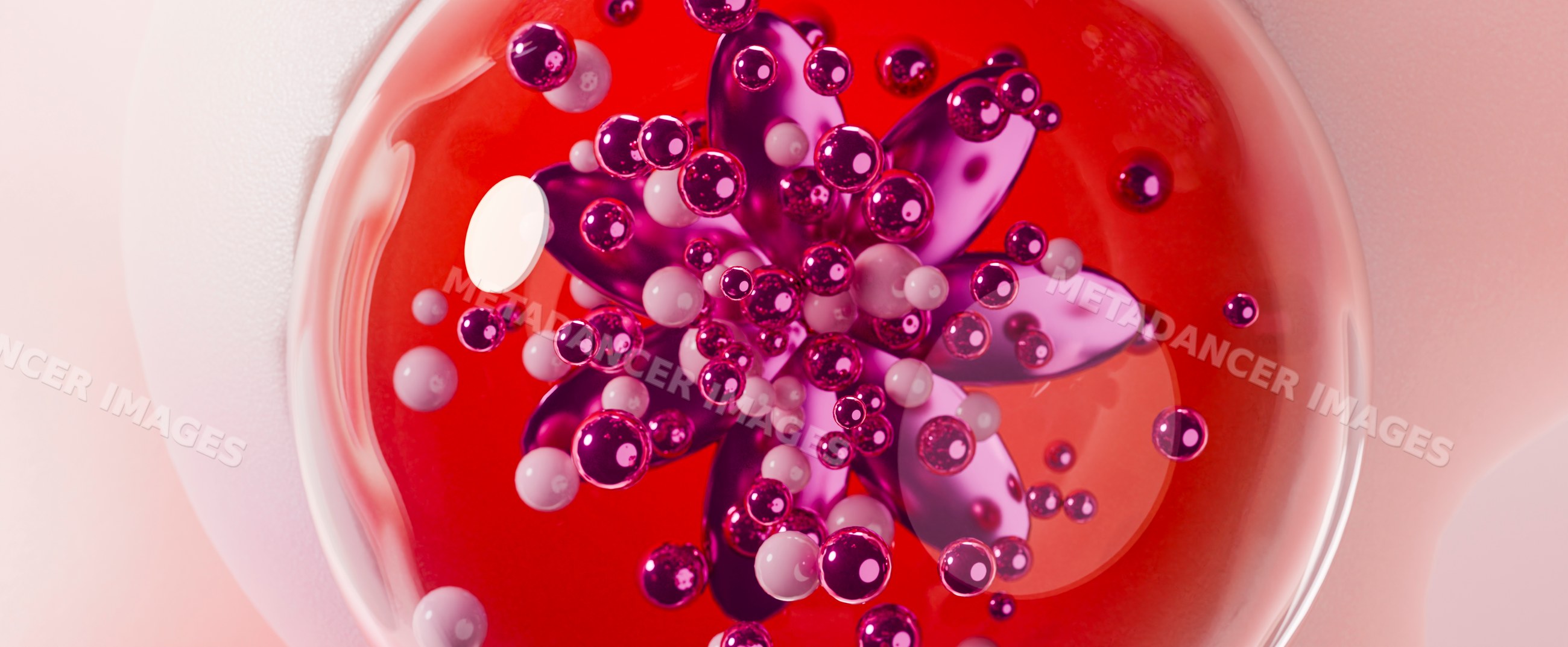 Abstract 3d rendering of purple flower with floating spheres