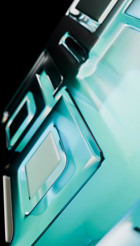 Close-up of blue-lit keyboard macro buttons with glossy finish