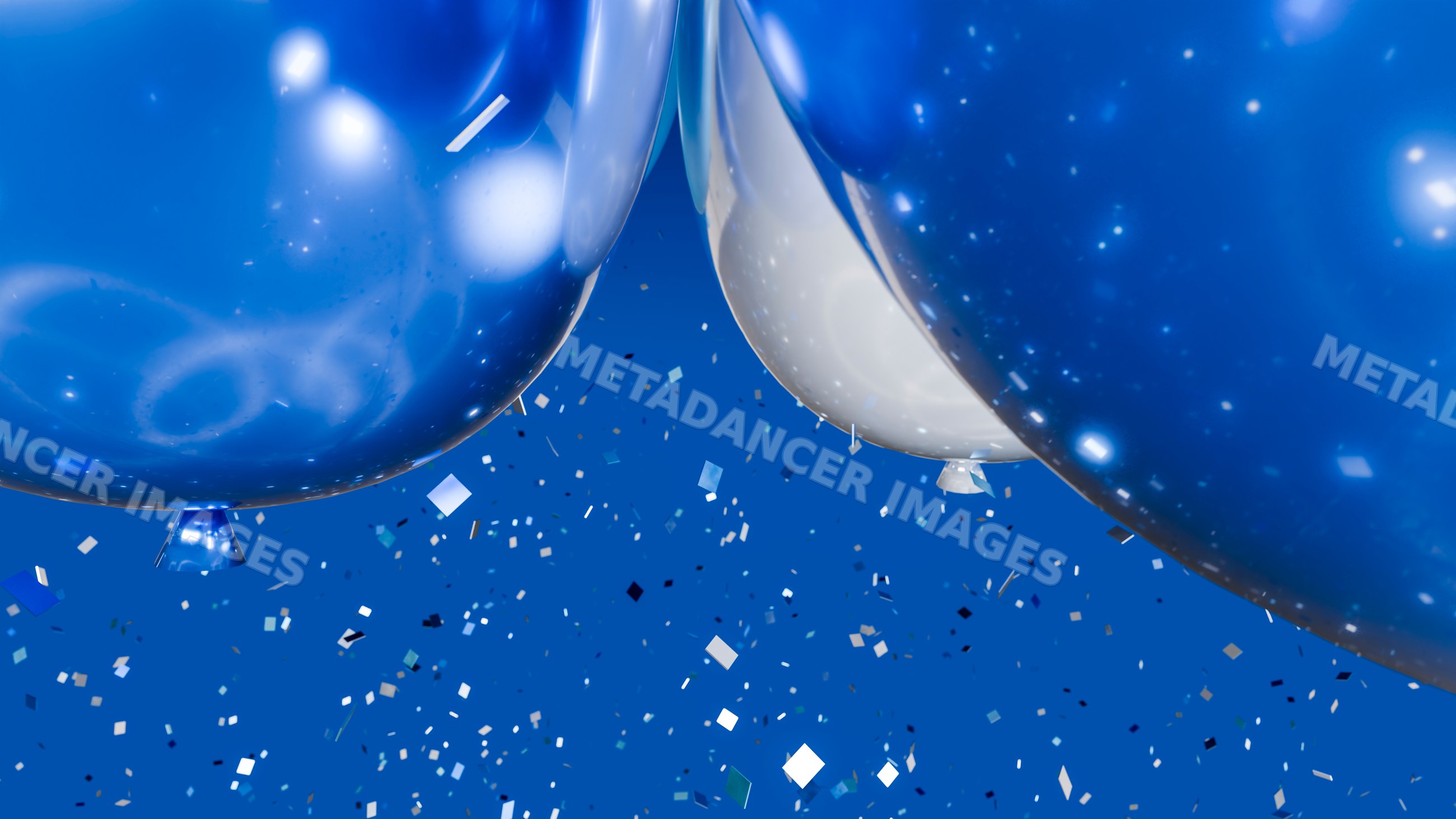 Blue and white balloons with confetti in festive celebration