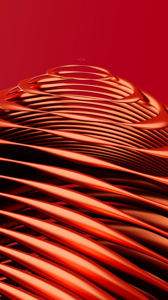 Abstract metallic spiral waves in red and orange digital art