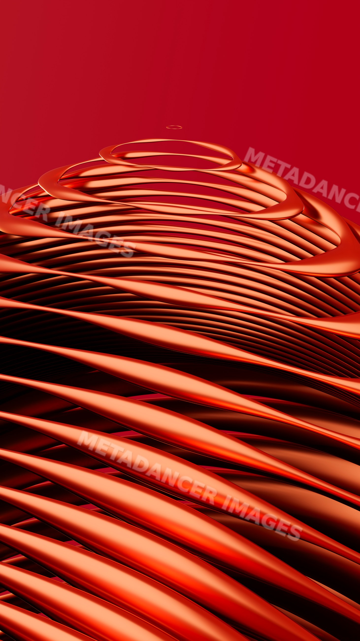 Abstract metallic spiral waves in red and orange digital art