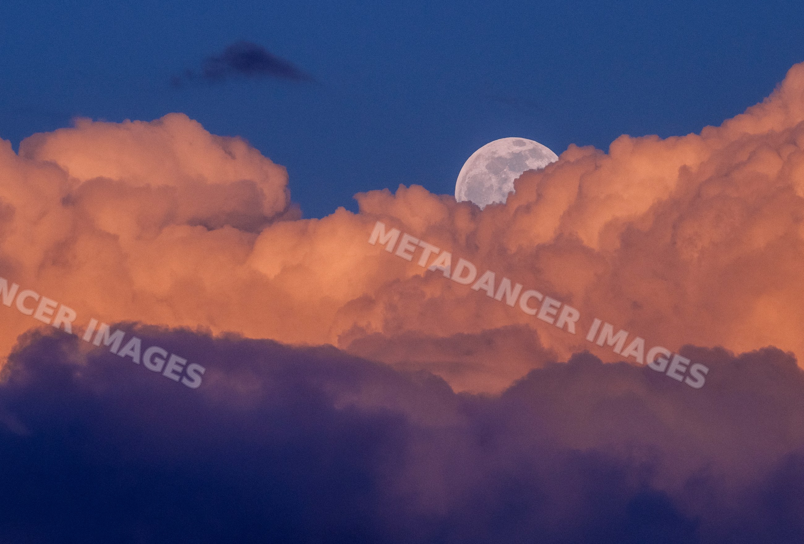 Full moon rising behind orange cumulus clouds in evening sky