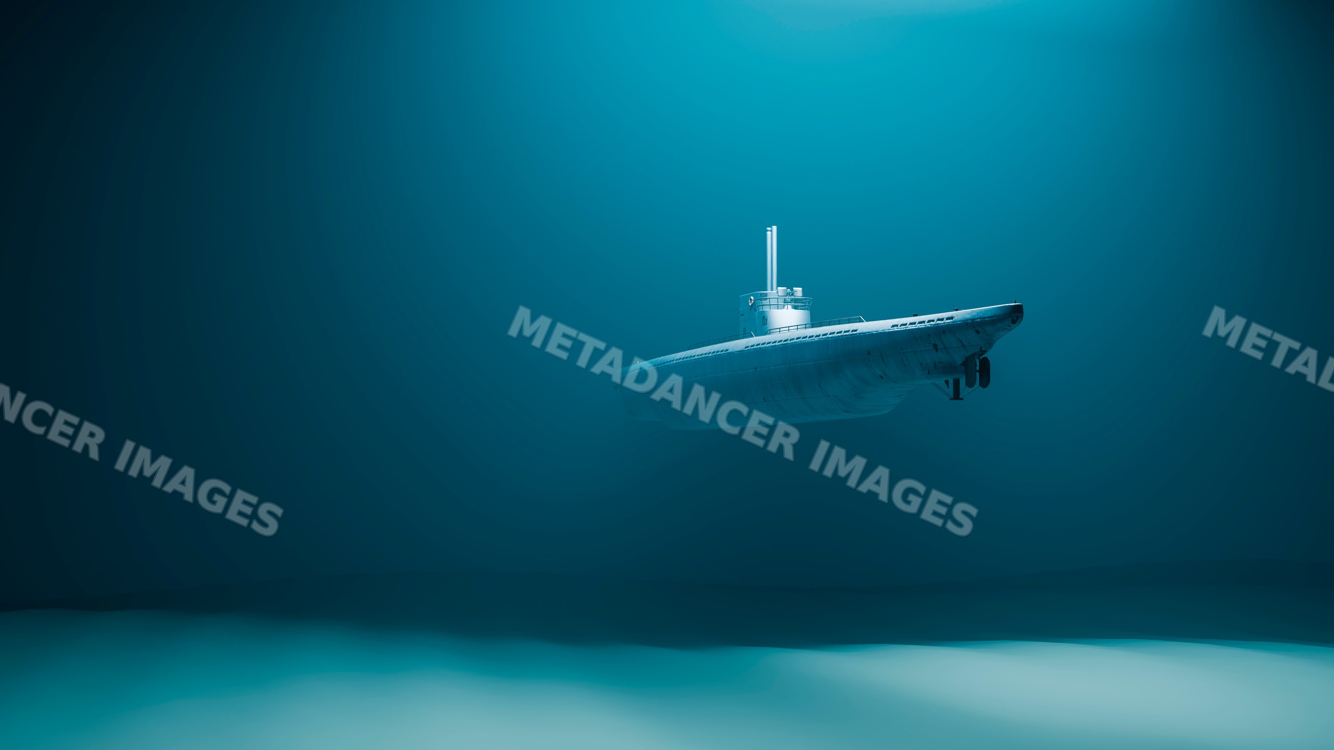 Submarine cruising underwater in deep ocean