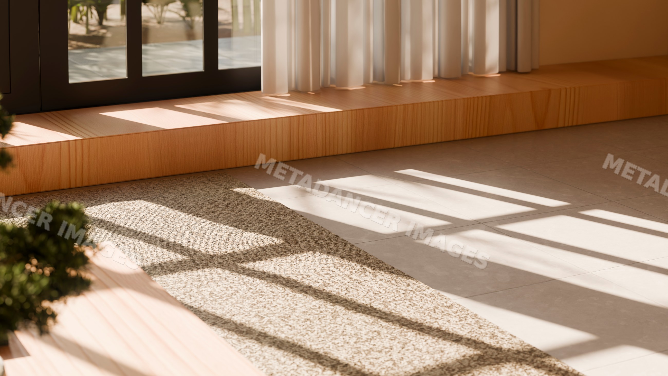 Sunlight casting window shadows on carpet and tile floor in interior