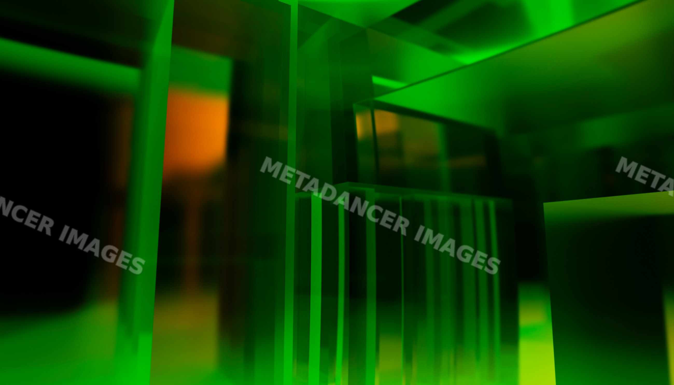 Green translucent glass blocks in abstract architectural setting
