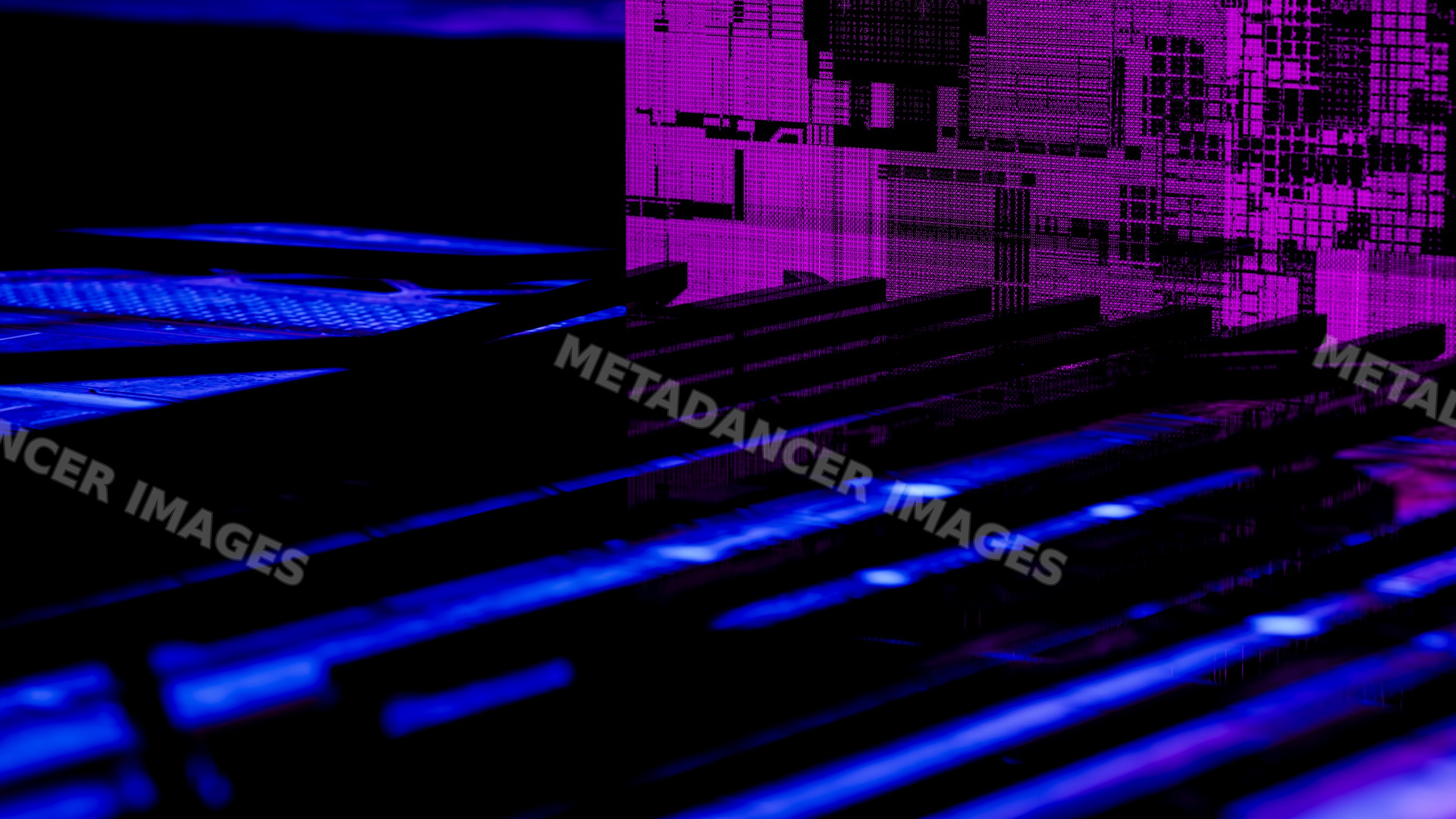 Digital illustration of circuit board with purple and blue lights