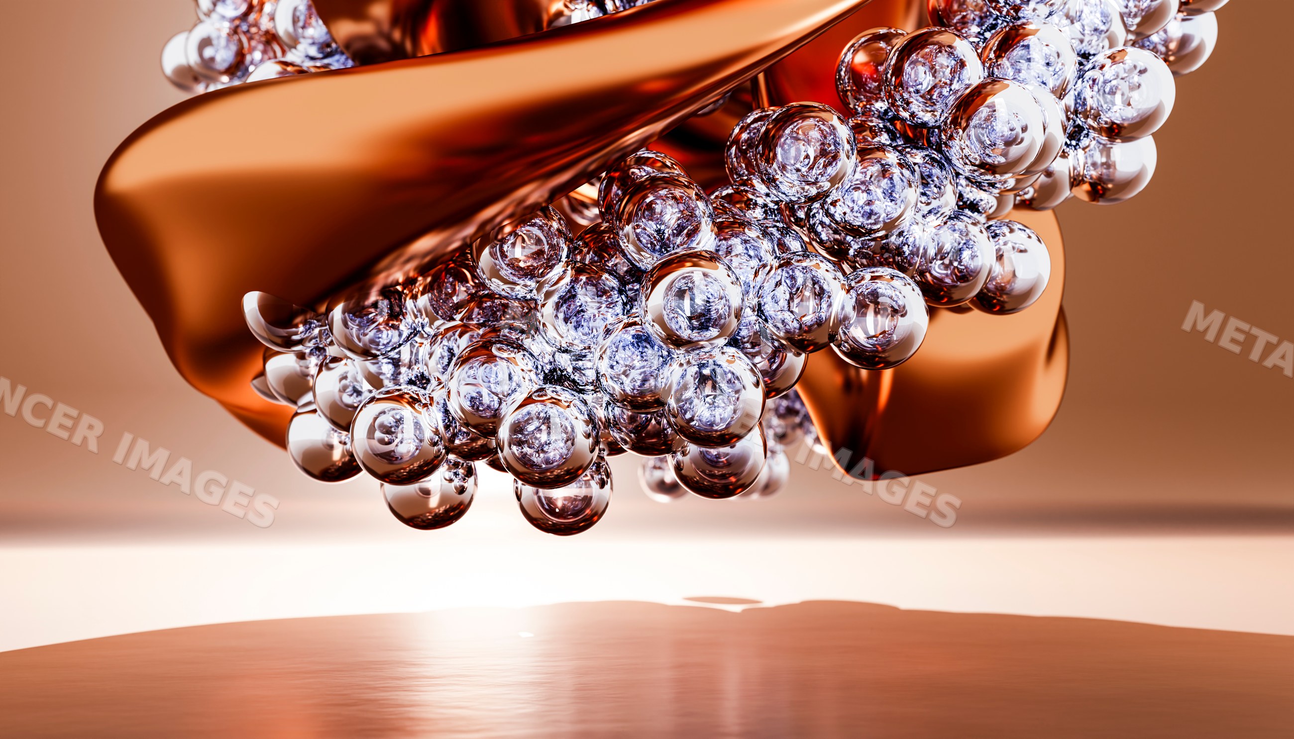 Transparent glass spheres clustered with reflective metallic abstract