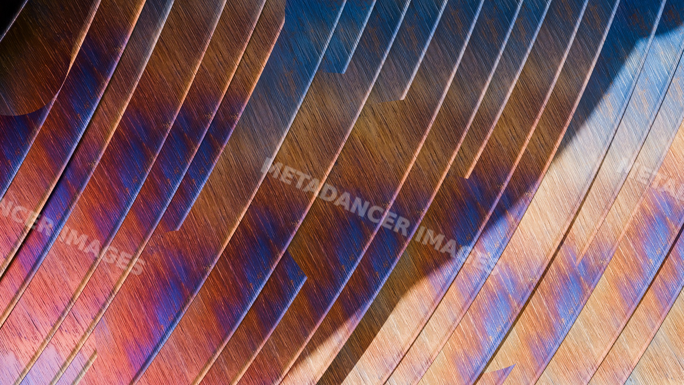 Wooden planks featuring a colorful abstract diagonal pattern with wood