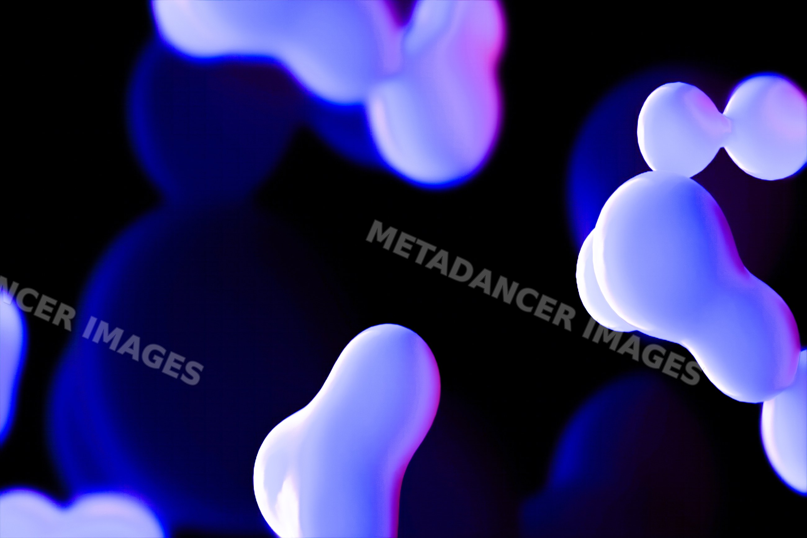 Abstract glowing blue and purple shapes float against a dark