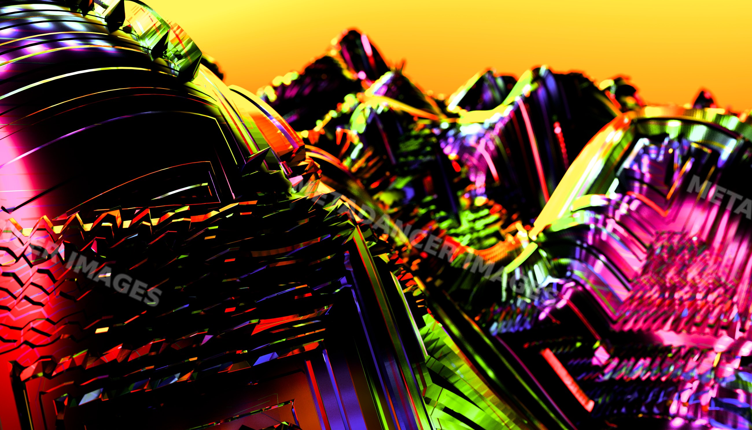 Colorful abstract digital artwork with metallic geometric shapes