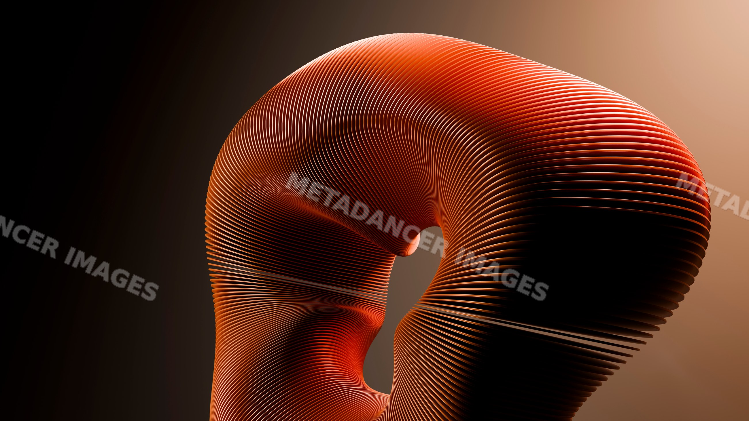 Abstract digital 3d orange sculpture with concentric curved lines