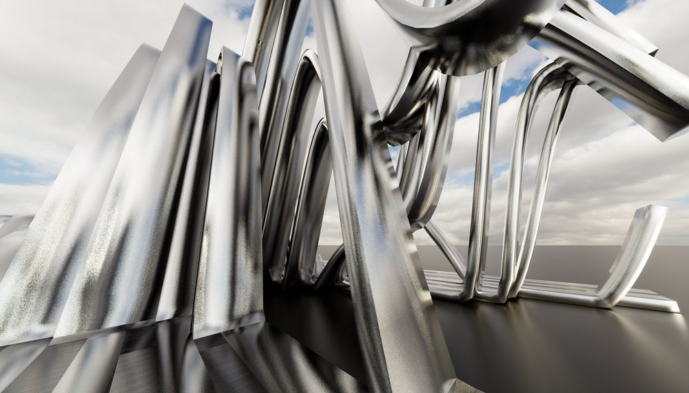 Close-up of a modern abstract metal sculpture with shiny curved rods