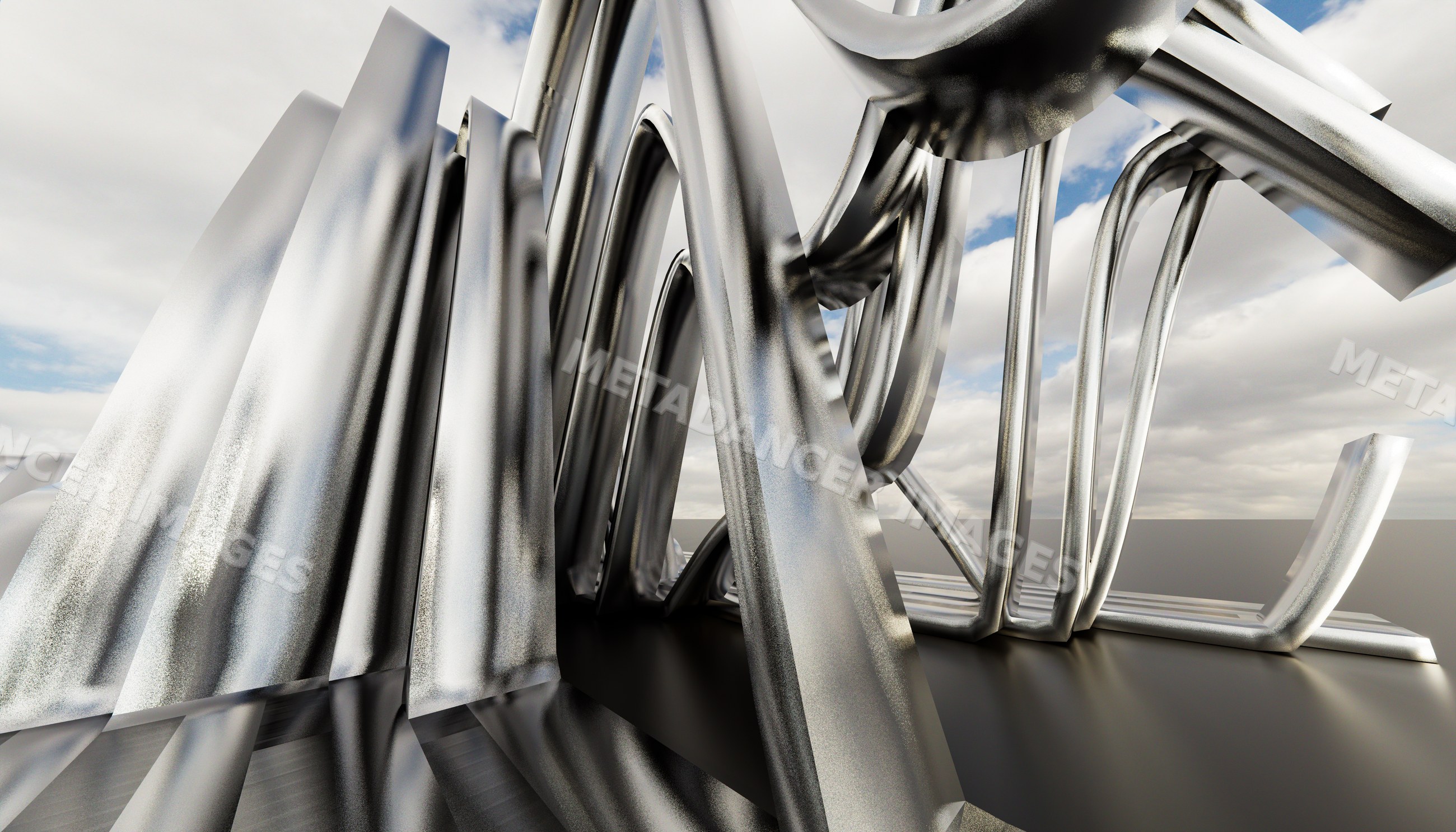 Close-up of a modern abstract metal sculpture with shiny curved rods