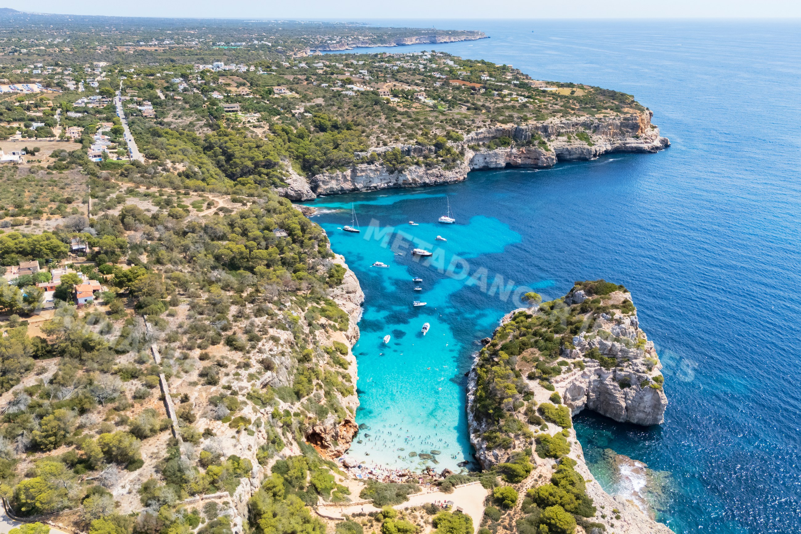 Aerial view of Caló del Moro cove and coastline in Mallorca Spain