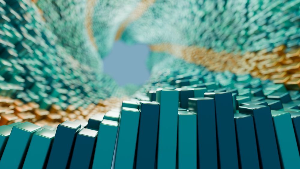 Colored 3d bars forming abstract curved data visualization graph