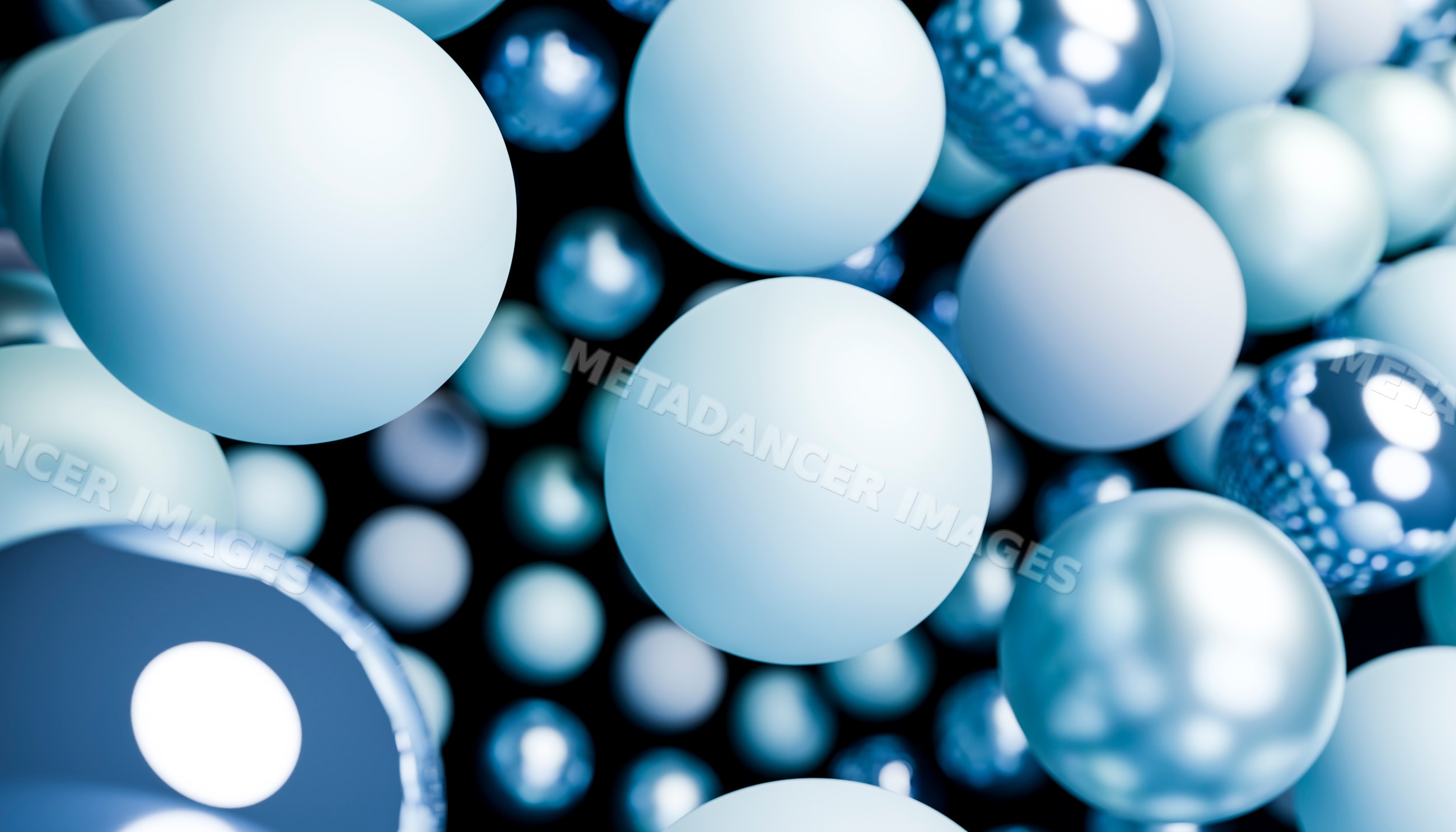 Close-up view of multiple floating blue shiny spheres with reflections
