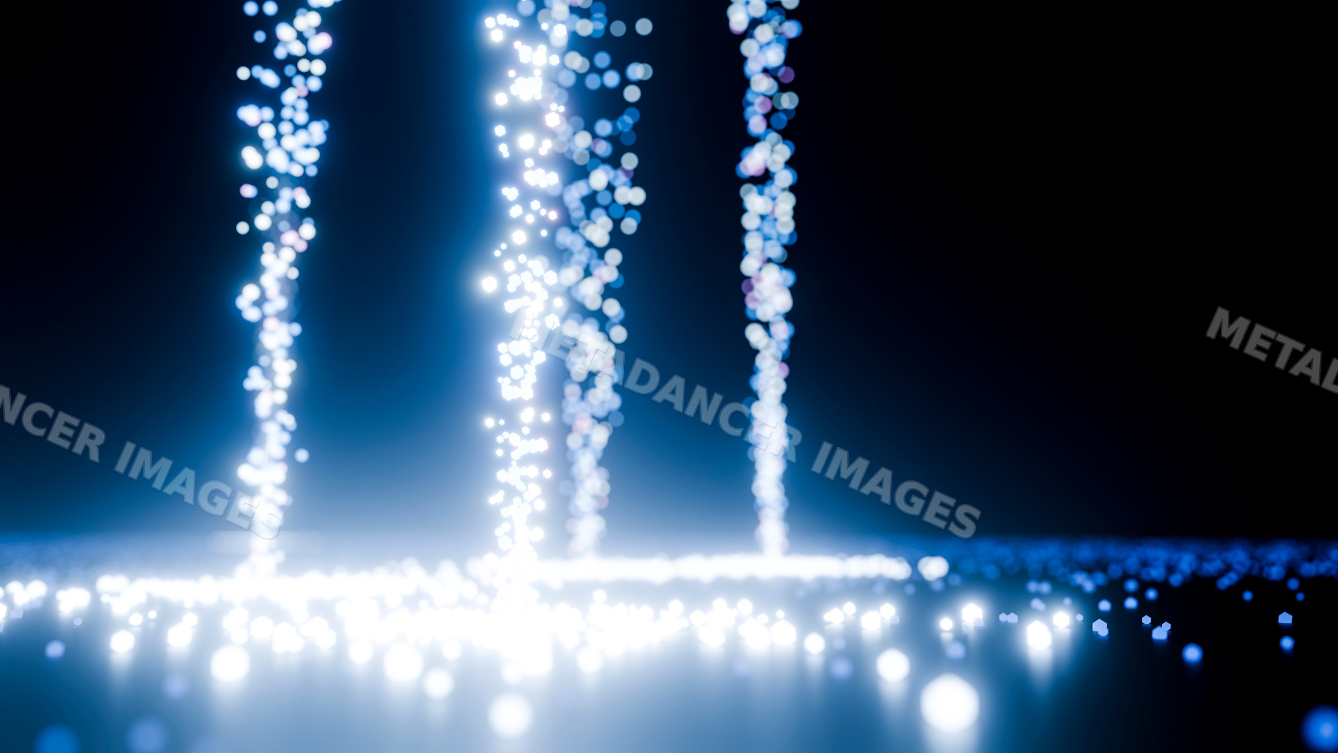 Abstract digital art featuring vertical blue light particle streams