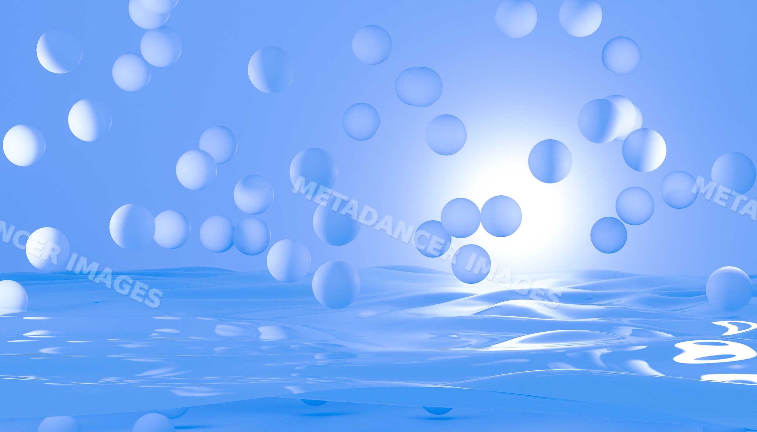 Blue spheres floating over abstract rippled blue surface