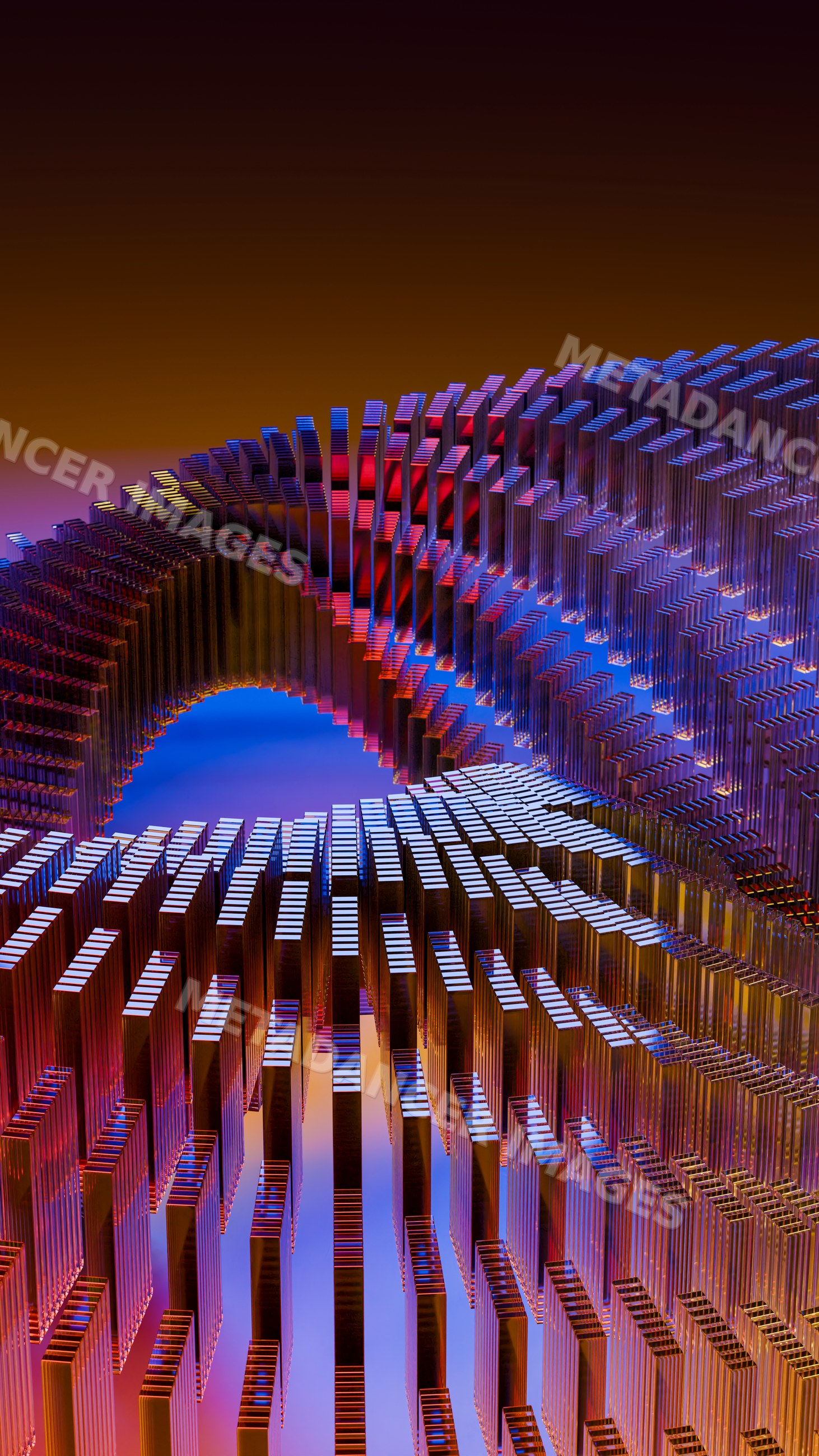 Abstract curved glass block structure with colorful lighting