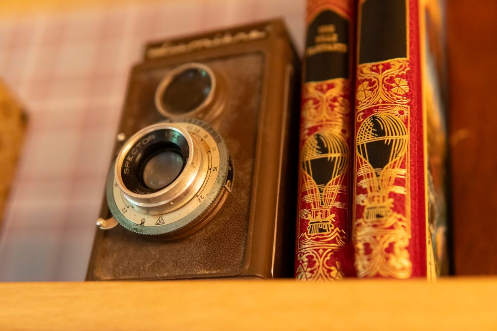 Vintage camera and ornate books on a wooden shelf in Verdun, France