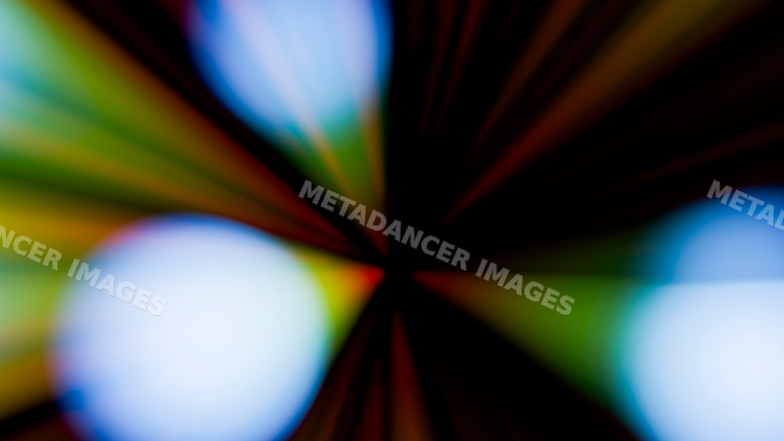 Abstract colorful light beams with glowing circles on dark background