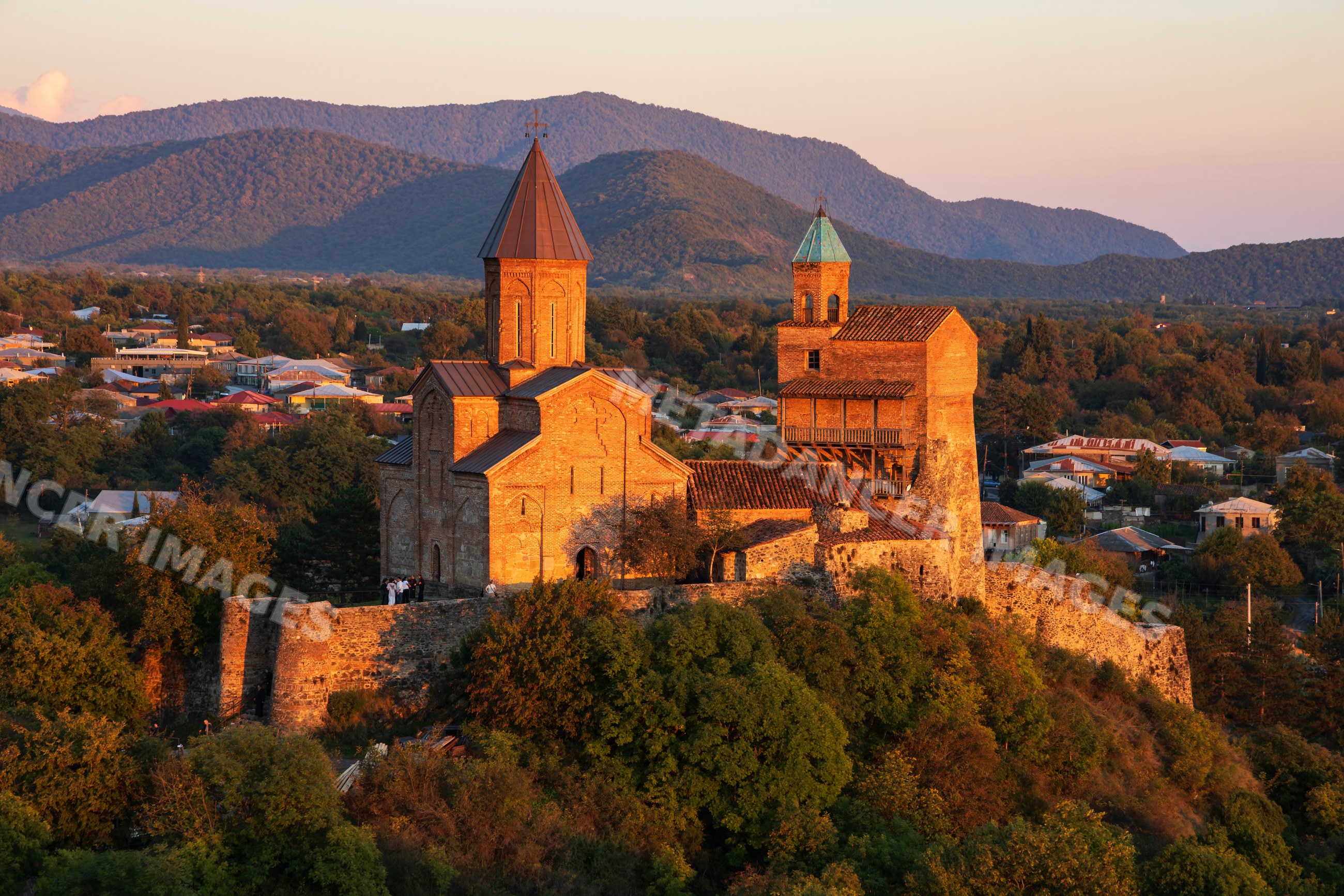 Town of Sighnaghi with the Caucasus Mountains in a church