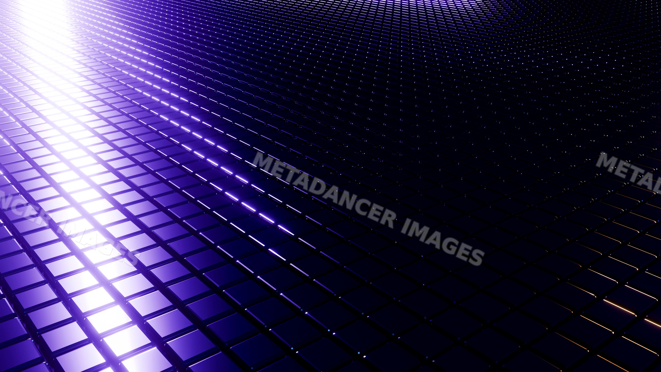 Digital grid of reflective blue 3d squares with glowing light
