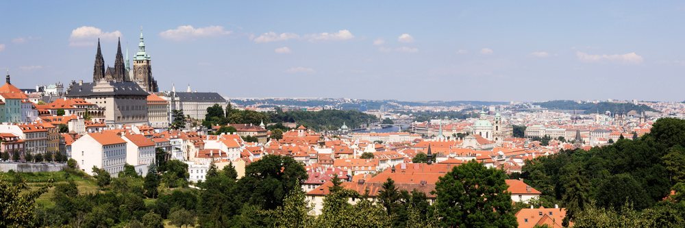 Panoramic cityscape of prague with historic buildings and church