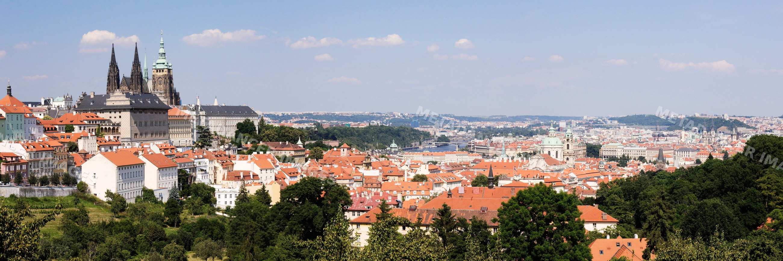 Panoramic cityscape of prague with historic buildings and church