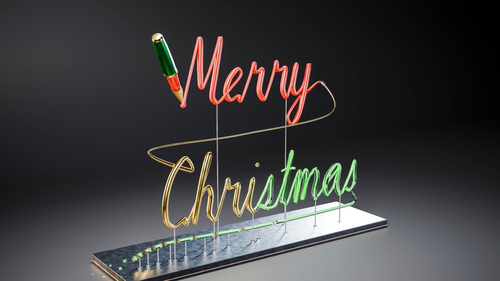 Neon merry christmas sign with pen drawing the letters