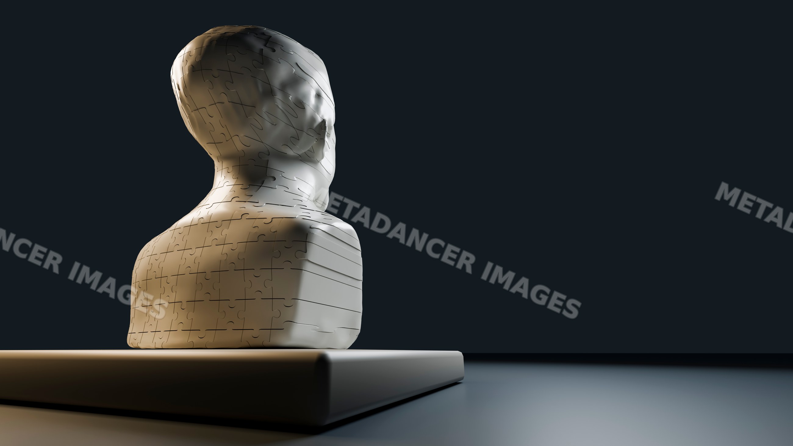 3d jigsaw puzzle sculpture of human head with assembled pieces