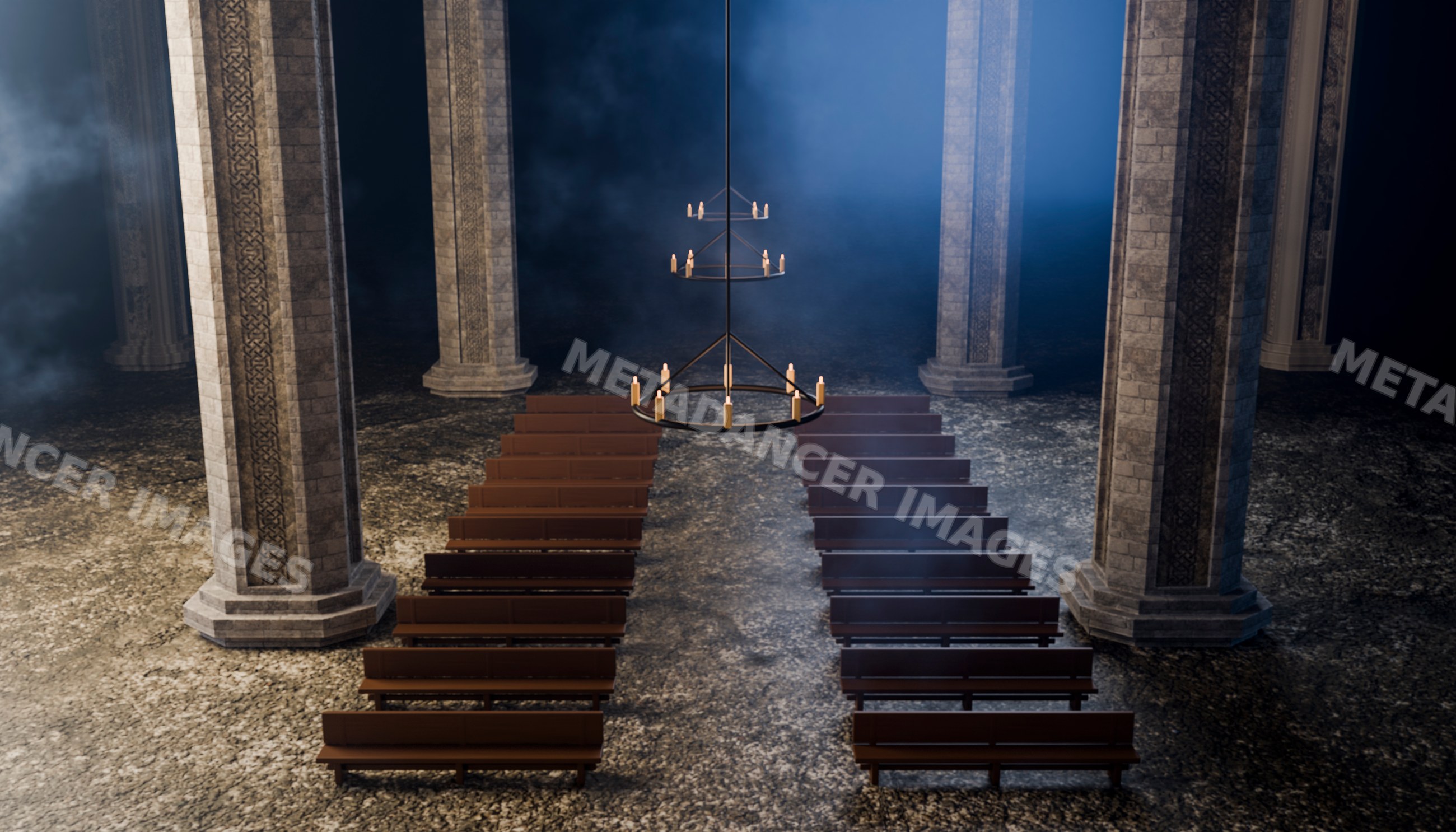 Cathedral interior with stone columns and wooden pews under candle