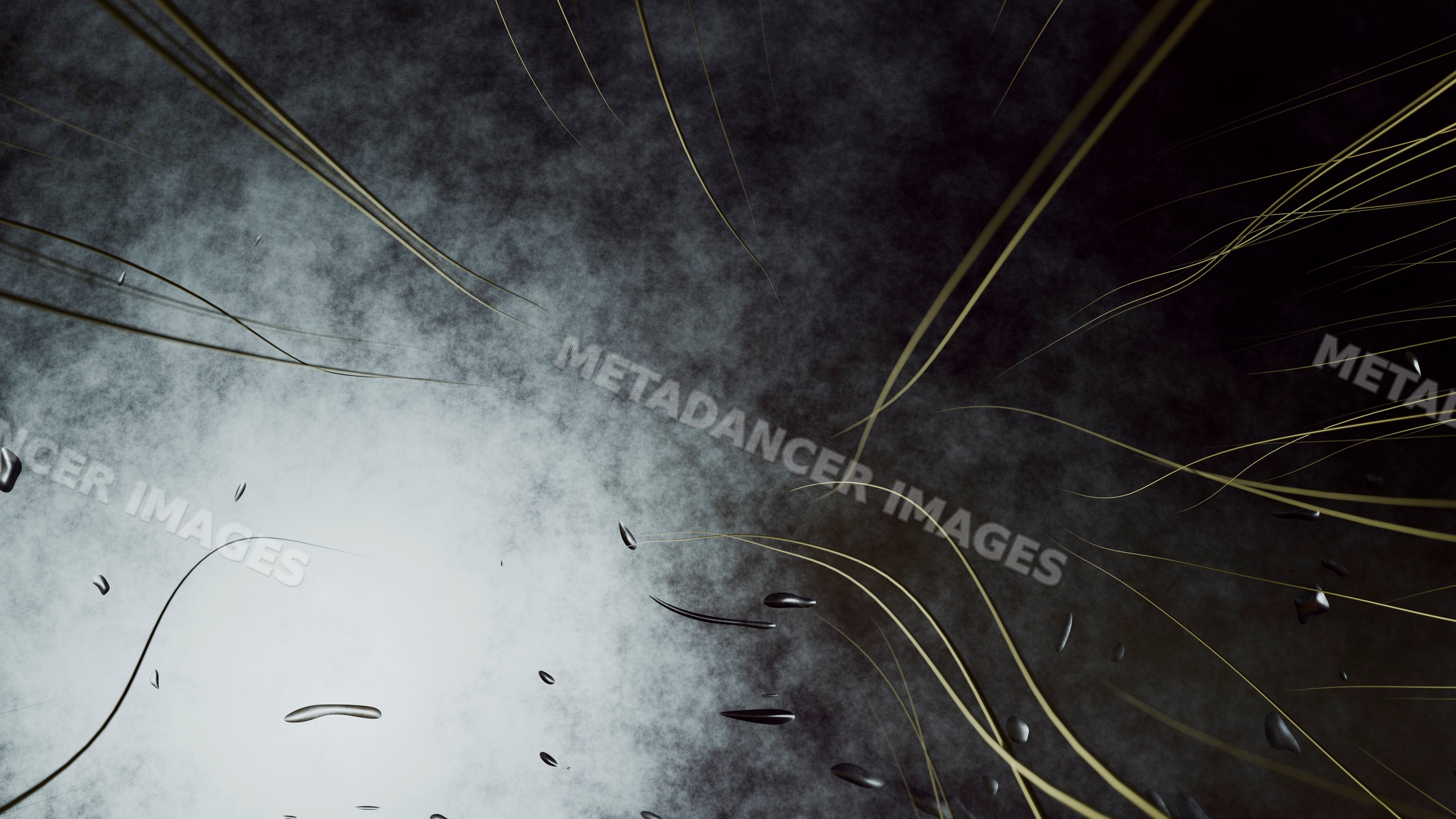 Abstract digital art with wispy strands and floating shapes on dark