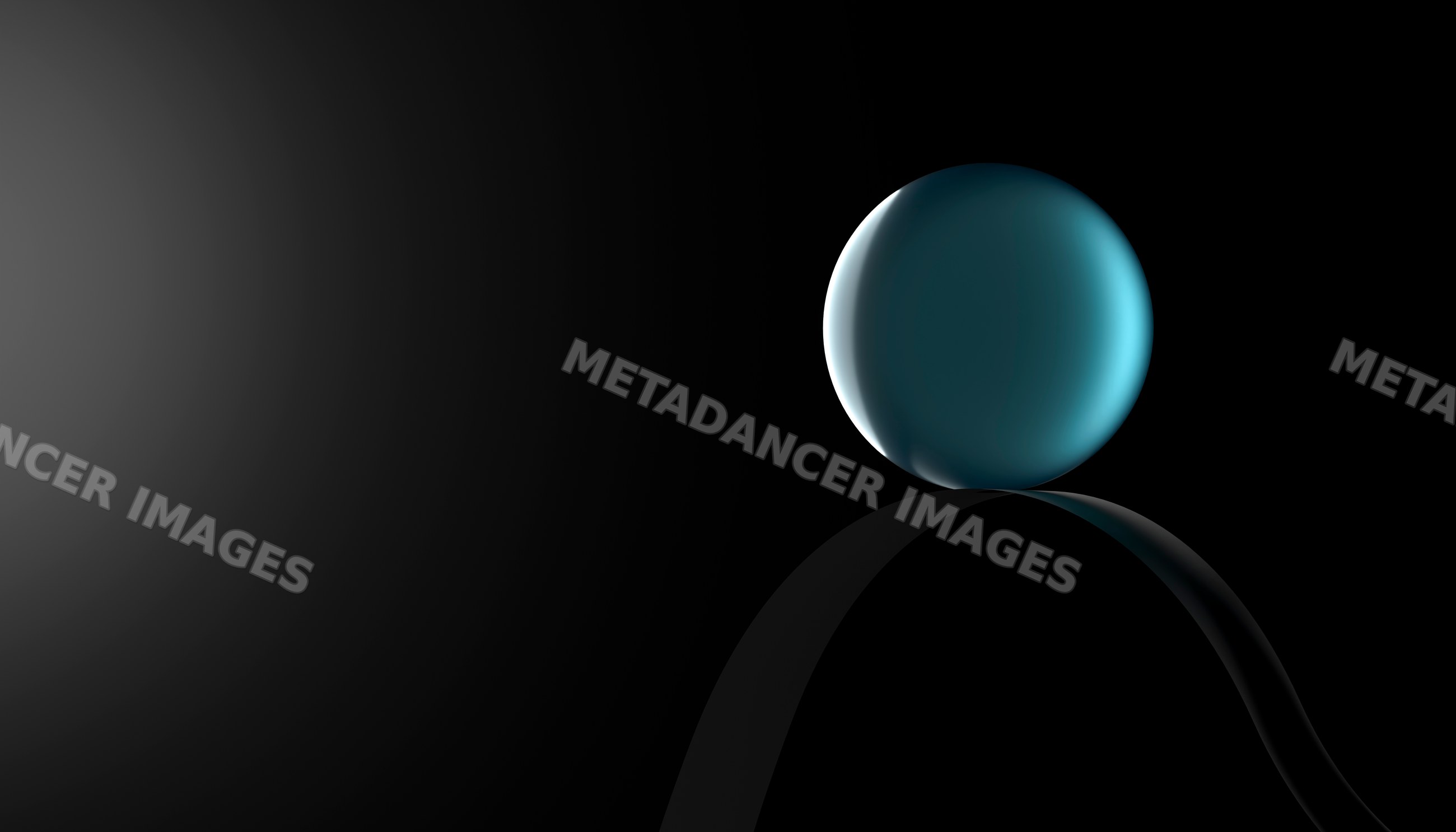 A glossy blue sphere balanced on a curved reflective surface